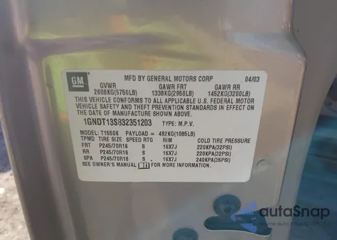 2003 Chevrolet Trailblazer Ls z USA, uszkodzony, nr VIN 1GNDT13S832351203